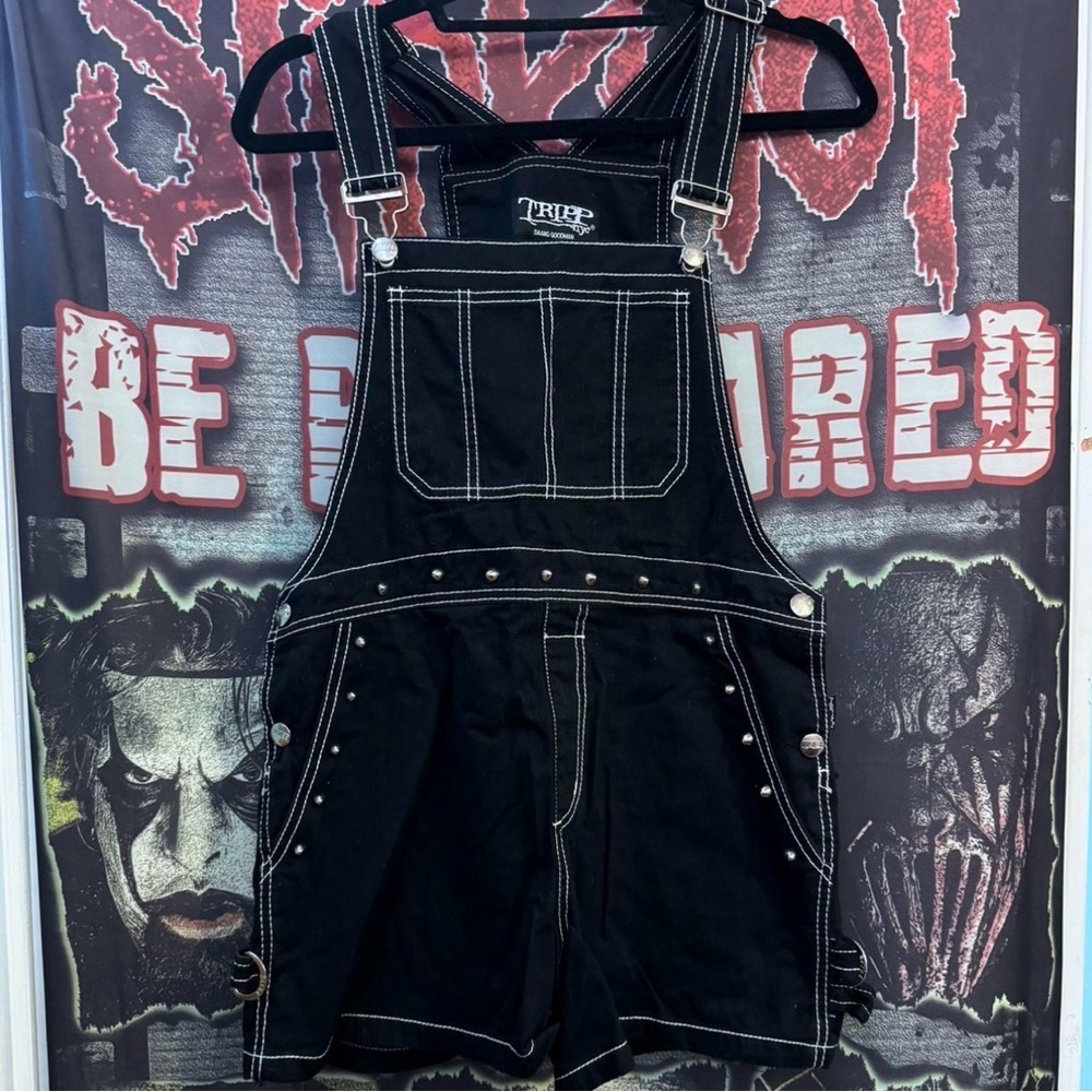 TRIPP NYC Black Denim Overalls With White Stitching